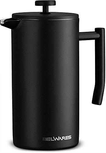 (Renewed) Belwares Large French Press Coffee Maker with Extra Filters for a Richer and Fuller Coffee Flavor, Designed with Double Wall Black Stainless Steel to Preserve Hot Coffee Temperature (50oz)