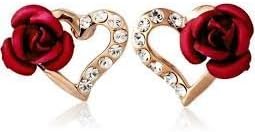Rigant 18K RGP Crystal &amp; Rose Accented Heart Stud Earrings (Red) M. by Chonlyshop by Chonlyshop