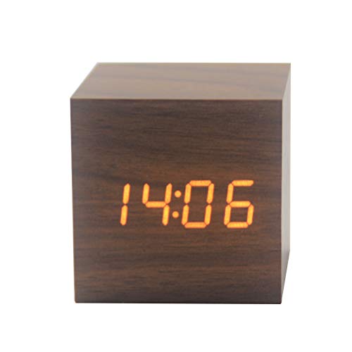 Creative Led Alarm Clock Wooden Square Clock Multi-Function Digital Alarm Clock for Home School (Sappan Wood White Character, No Battery)