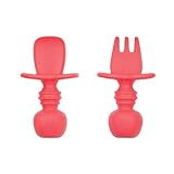 Bumkins Silicone Chewtensils, Baby Fork and Spoon Set, Training Utensils, Baby Led Weaning Stage 1 for Ages 6 Months+ in Red