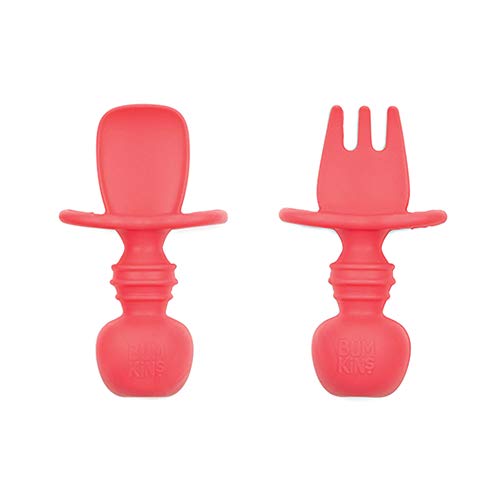 Bumkins Silicone Chewtensils, Baby Fork and Spoon Set, Training Utensils, Baby Led Weaning Stage 1 for Ages 6 Months+ in Red