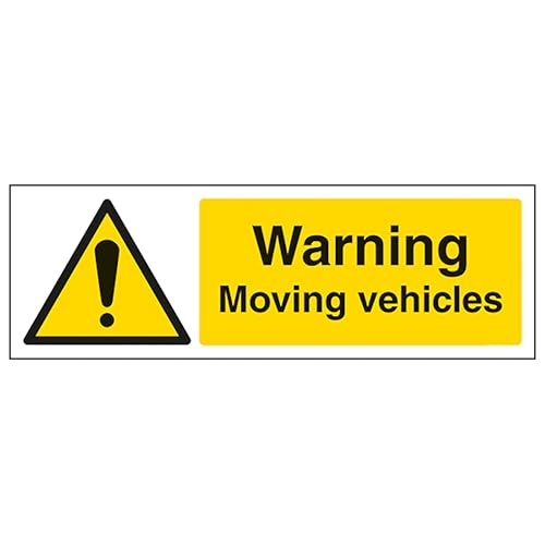 V Safety Warning Moving Vehicles - Landscape 450 x 150 mm - Glow In The Dark 1mm Rigid Plastic Safety Sign