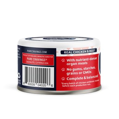 PURE CRAVINGS, CHICKEN & BEEF RECIPE WITH ORGAN MEATS SHREDDED IN BROTH CANNED CAT FOOD, 3 OUNCE