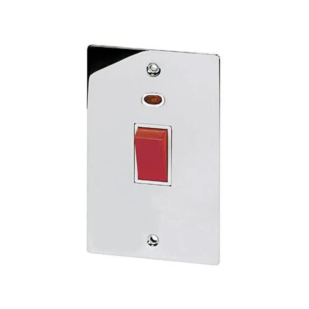 Cooker Switch w/Neon 45 Amp - Tall Plate - Polished Chrome Flat - White Insert
