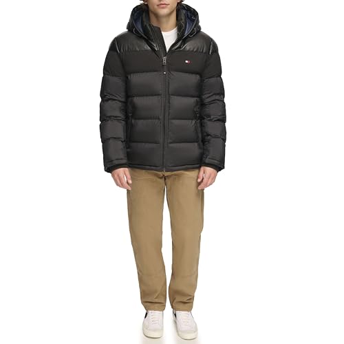 Tommy Hilfiger Men’s Hooded Puffer Jacket, Black/Faux Leather, X-Large