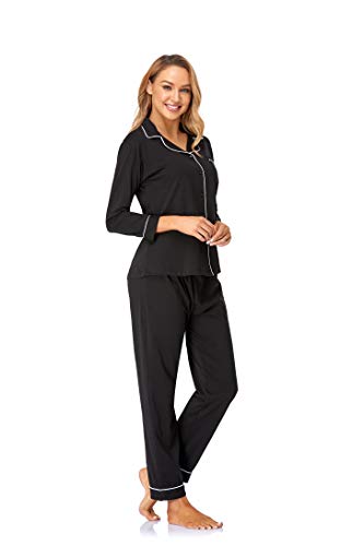 Pajamas Set Long Sleeve Sleepwear Womens Button Down Nightwear Soft with Elastic Waist Long Pj Lounge Sets S-XXL Black