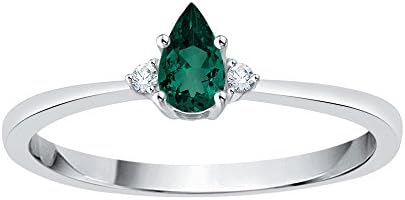 Diamond and Pear Cut Emerald Fashion Ring in 10K White Gold (1/4 cttw) (JK-Color, SI2/I1-Clarity) (Size-4)