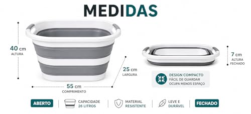Balde Retratil Silicone 26L Dobrável com Alca Multiuso para Limpeza Lavanderia Armazenamento Compacto Resistente Branco Cinza