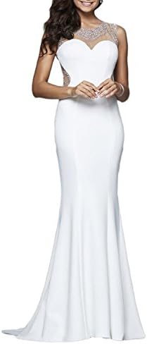 Fnina Women's Long Lycra Beads Prom Dresses Formal Evening Gown Size 14 White