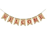 Uniwish Welcome Banner Party Decorations Vintage Rustic Burlap Bunting Sign Home Fireplace Décor, Glitter Red Letters