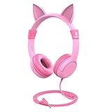 [2019 Upgrade]iClever Boostcare Kids Headphones Girls - Cat Ear Hello Kitty Wired Headphones for Kids on Ear, Adjustable 85/94dB Volume Control - Toddler Headphones with MIC for Kindle Tablet, Pink