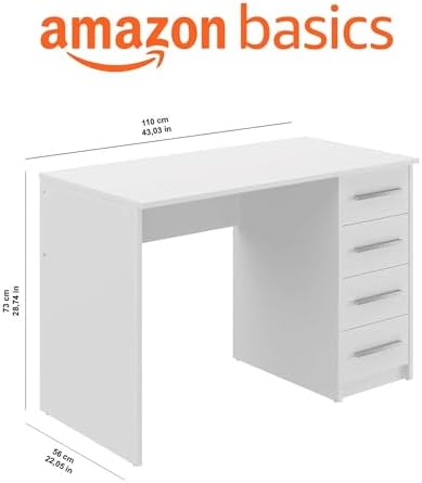 Moderner Home-Office-Schreibtisch, Computertisch mit 4 Schubladen, einfacher Aufbau, 56 x 110 x 73,5 cm, weiß