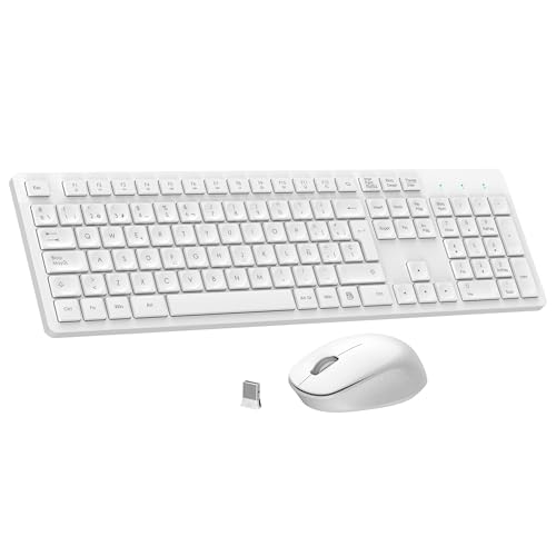 Teclado y Raton Inalámbrico, Teclado y Raton Inalambrico Ergonómico, Español QWERTY, Tamaño Completo con Teclado Numérico, Receptor USB 2.4 GHz for Mac, PC, Ordenador Portátil-Blanco
