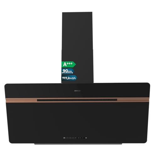 Cecotec Hotte Aspirante Décorative 90 cm Bolero Flux DT 907500 Matt Black A+++. Verre Mat et Brillant avec Détails en Cuivre, Aspiration 717,2 m³/h, Fonction Booster, Filtres en Aluminium, Classe A+++