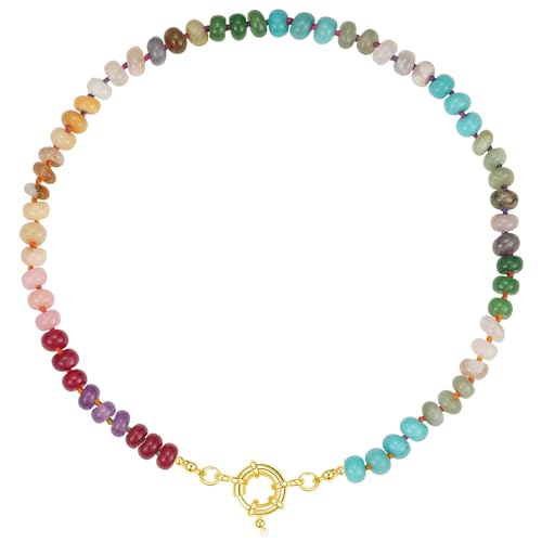 KissYan Beaded Gemstone Necklace for Women, Colorful Boho Bead Choker Natural Stone Surfer Beach Necklaces 14K Gold Plated Summer Handmade Jewelry