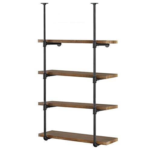 Yuanshikj 2Pc (56" Tall) (12" deep) Industrial Wall Mount Iron Pipe Shelf Shelves Shelving Bracket Vintage Retro Black Open Bookshelf Bookcase DIY Storage Office Kitchen (2 Pcs 4Tier Hardware only) - Thumbnail 6