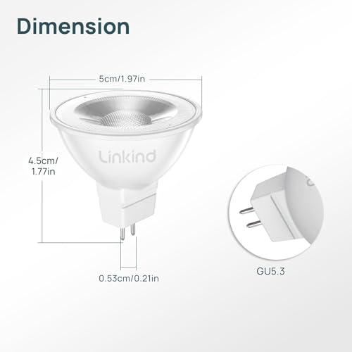 Linkind GU5.3 MR16 LED 5W Lamp 12 V, 50 Watt Replaced, 2700 K Warm White 36° Beam Angle LED Spot MR16, 520 Lm AC/DC 12 Volt Bulb, Not Dimmable, Pack of 5