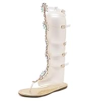 DeerYou Women Crystal Gladiator Flat Sandals Summer Rhinestone Ankle Strap Knee-High Thong Flip Flops Shoes Gold US 7