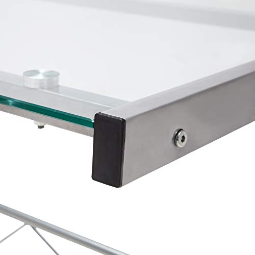 Mecor L-Shaped Corner Computer Desk with Shelf & Stand, Glass Laptop PC/Computer Table Workstation Home Office Furniture, Glass & Metal, Clear
