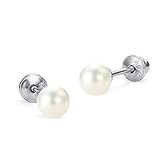 925 Sterling Silver Rhodium Plated 3, 4, 5mm Simulated Pearl Screwback Baby Girls Earrings