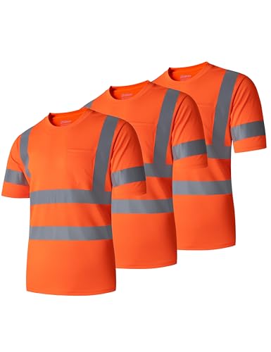 Ubon Safety Shirts for Men, Reflective High Visibility Construction Shirts Short Sleeve Work Shirts 3-Pack, Orange, X-Large