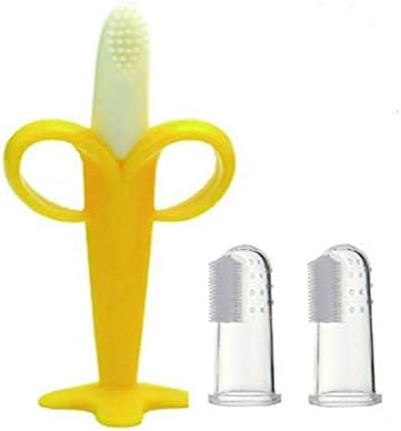 Baby Toothbrush and Banana Toothbrush, 1 Baby Banana Teether + 2 Finger Toothbrushes， Silicone Infant Training Finger Toothbrushes for Baby with Storage Case