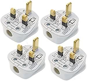 4 Pack 13 Amp Fused UK Mains Plugs, 3 Pin 250V Plug, Safety Pin, Heavy Duty Electric Plugs, White