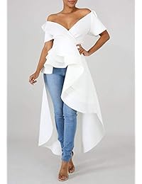 Top alto y bajo para mujer con volantes, asimétrico, único y de manga corta