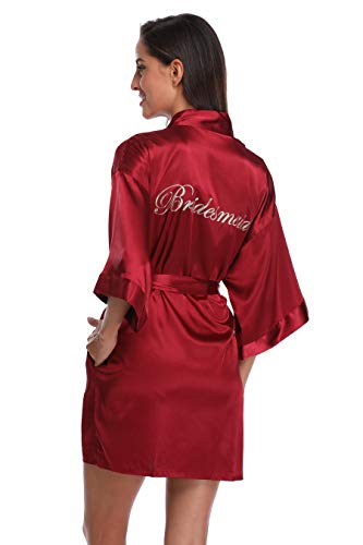 Women's Silky Bride Bridesmaid Kimono Robes Short Wedding Party Getting Ready Robe Dressing Gown with Gold Glitter, Bridesmaid Wine L - Thumbnail 6