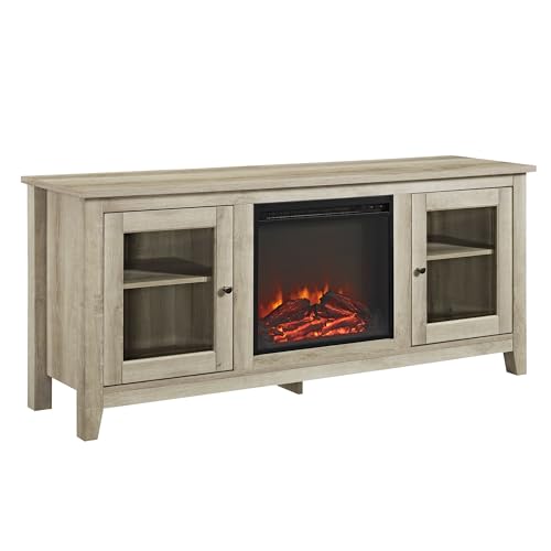 Walker Edison Rustic Wood and Glass Fireplace TV Stand for TV’s up to 64″ Flat Screen Living Room Storage Cabinet Doors and Shelves Entertainment Center, 58 Inch, White Oak