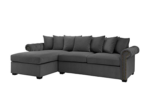 Modern Large Tufted Velvet Sectional Sofa, Scroll Arm L-Shape Couch (Dark Grey)
