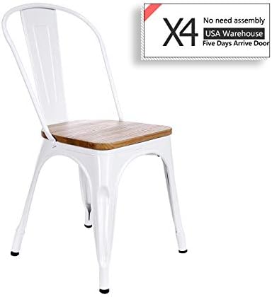 White Metal Chair Wood Seat Restaurant Cafe Bar Chair Metal Industrial Stackable Bistro Dining Chairs White Set of 4