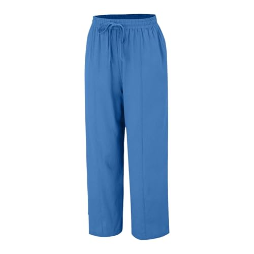 Linen Trousers Womens Drawstring Elastic Waist Wide Leg Trousers for Women UK Plus Size Loose Fit Ladies Lounge Pants with Pockets Lightweight Casual Holiday Beach Pants Sky Blue