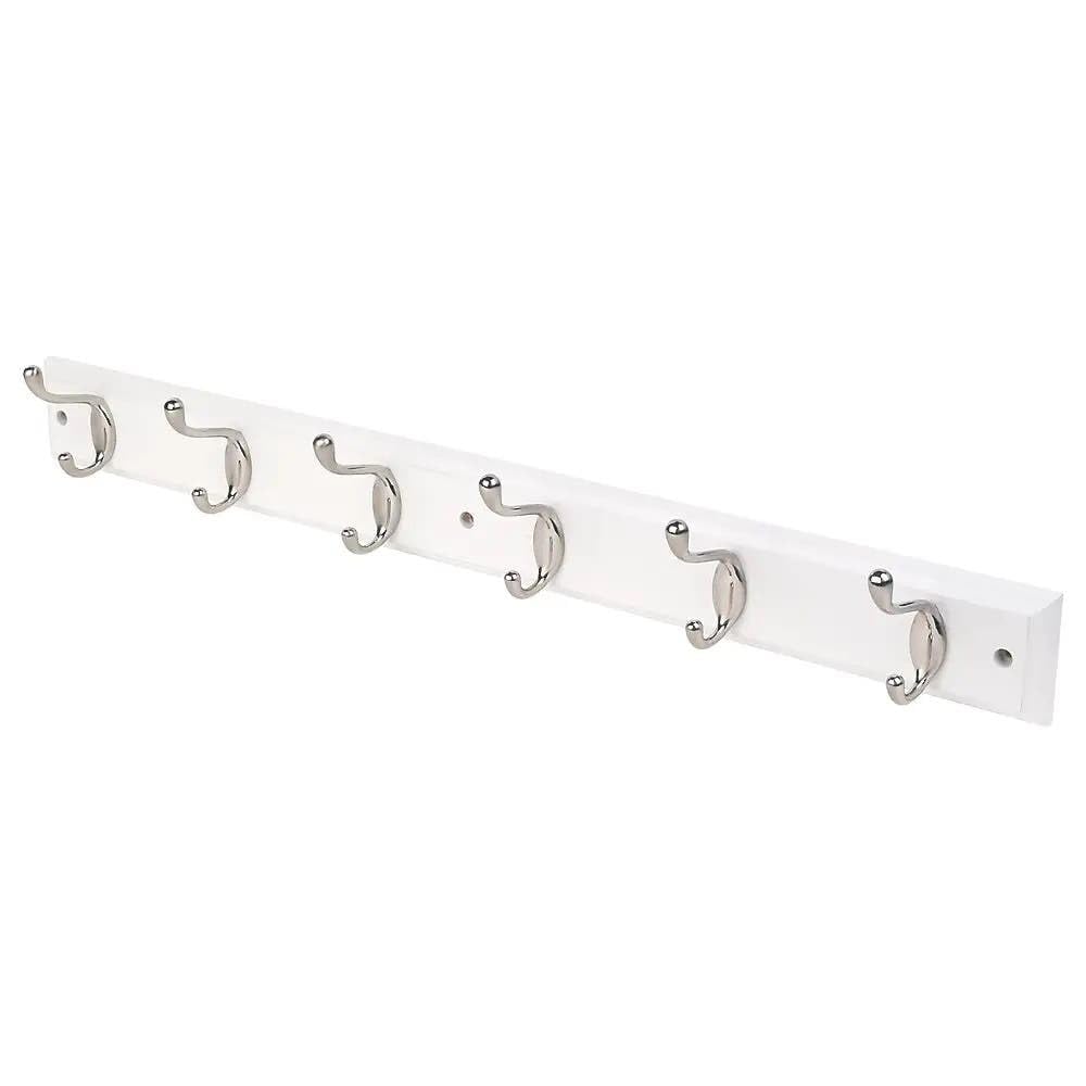 Hiatt Hardware 6 Hat and Cat Hooks - Satin Nickel on Whte - Wood Wall Rack - Hookrail - 685 x 90mm