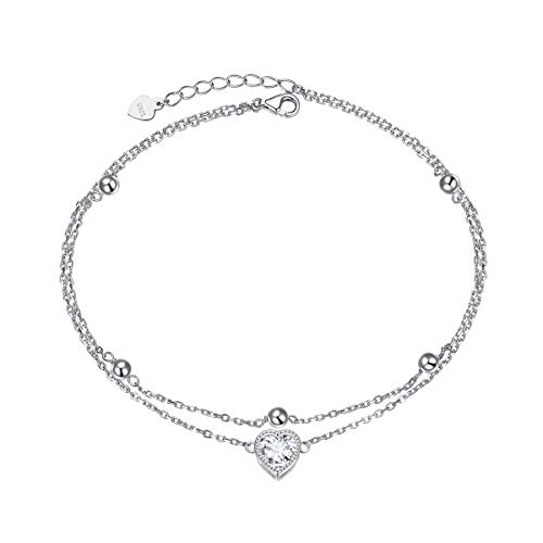 Heart Anklet Sterling Silver Adjustable Beaded Heart Cubic Zirconia CZ Charm Layered Foot Ankle Bracelet Anklets Birthday Gifts for Women