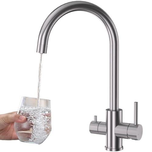 DETBOM 3 Way Kitchen Sink Tap for Osmosis Systems, 3 in 1 Double Lever Drinking Water, Hot and Cold, 360° Swivel, Stainless Steel, Brushed Silver