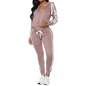 Homstar 2 Pieces Fashion Women Casual Stripe Long Sleeve Pullove Sport Tops+Long Pants Set, Women’s Hooded Love Print Sports Set Tracksuit Ladies Playsuits Sportswear Strip Up Hoodies