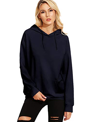 DIDK Women's Hoodies Long Sleeve Drop Shoulder Solid Hooded Sweatshirt Navy L