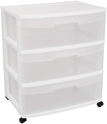 Sterilite 29308001 Wide 3 Drawer Cart White Frame With Clear Drawers And Black Casters 1Pack