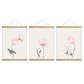 3 Panel Hanging Poster with Wood Frames Lotus Canvas Artwork Wall Picture Home Decoration - 18"x24"x3 Panels