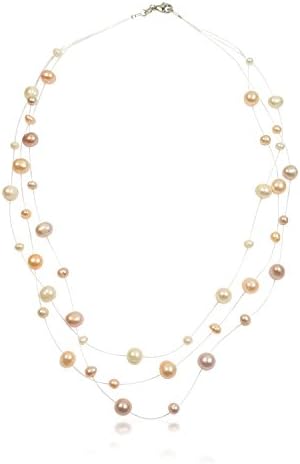 PearlsNSilver Bridal Sterling Silver Cultured Pearl Illusion Necklace 16" To 18" inch 3 Strands (Pastel Mix 3 Strands 16" - 18")