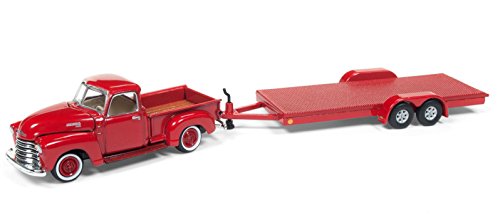 Johnny Lightning 1950 Chevrolet Pickup Truck with Open Car Trailer Red 1:64 Diecast JLSP018