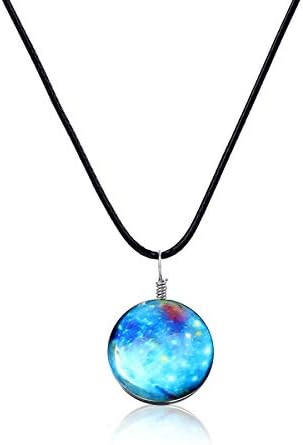 Cosmic Starry Luminous Gem Planet Necklace,Double Sided Glass Ball Time Galaxy Pendant Necklace for Women Men Jewelry