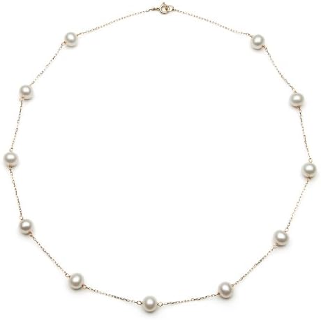 10K Yellow Gold 6.0-6.5mm Cultured Freshwater Pearl Station Tin Cup Chain Necklace,18"