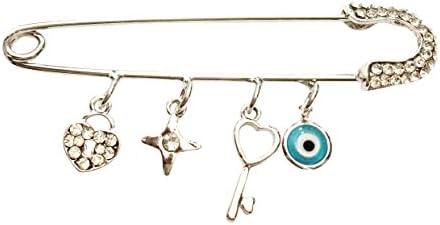 Fortis Production Silver Tone Rhinestone Brooch Safety Pin with Good Luck Charms Pendants, Protection From Evil Eye