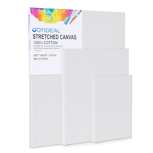GOTIDEAL Stretched Canvas Multi Pack 5x7, 8x10,11x14 Set of 3, Primed White Blank Paint Canvas - 100% Cotton Artist Canvas Boards for Painting, Acrylic Pouring, Oil Paint Dry & Wet Art Media