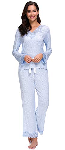 Jusfitsu Womens Cotton Pajamas Set Long Sleeve Top Shirt with Pants Sleepwear Modal Soft Loungewear Lace Pattern M