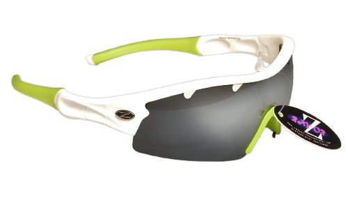 RayZor Professional Lightweight UV400 White Sports Wrap Cricket Sunglasses, With a 1 Piece Vented Smoked Mirrored Anti-Glare Lens