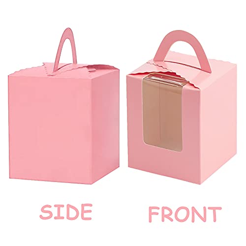 VGoodall 30 PCS Pink Cupcake Boxes, Single Cupcake Carrier with Window Insert and Handle Pastry Containers Muffins Cupcake Carriers for Bakery Wrapping Party Favor Packing