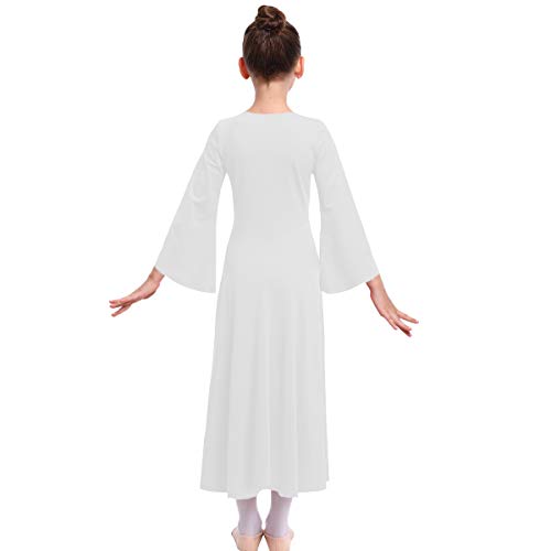 MYRISAM Kids Girls Praise Dance Robe Liturgical Solid Color Bell Sleeve Dress Full Length Loose Fit Worship Costume White 8-9T - Thumbnail 4